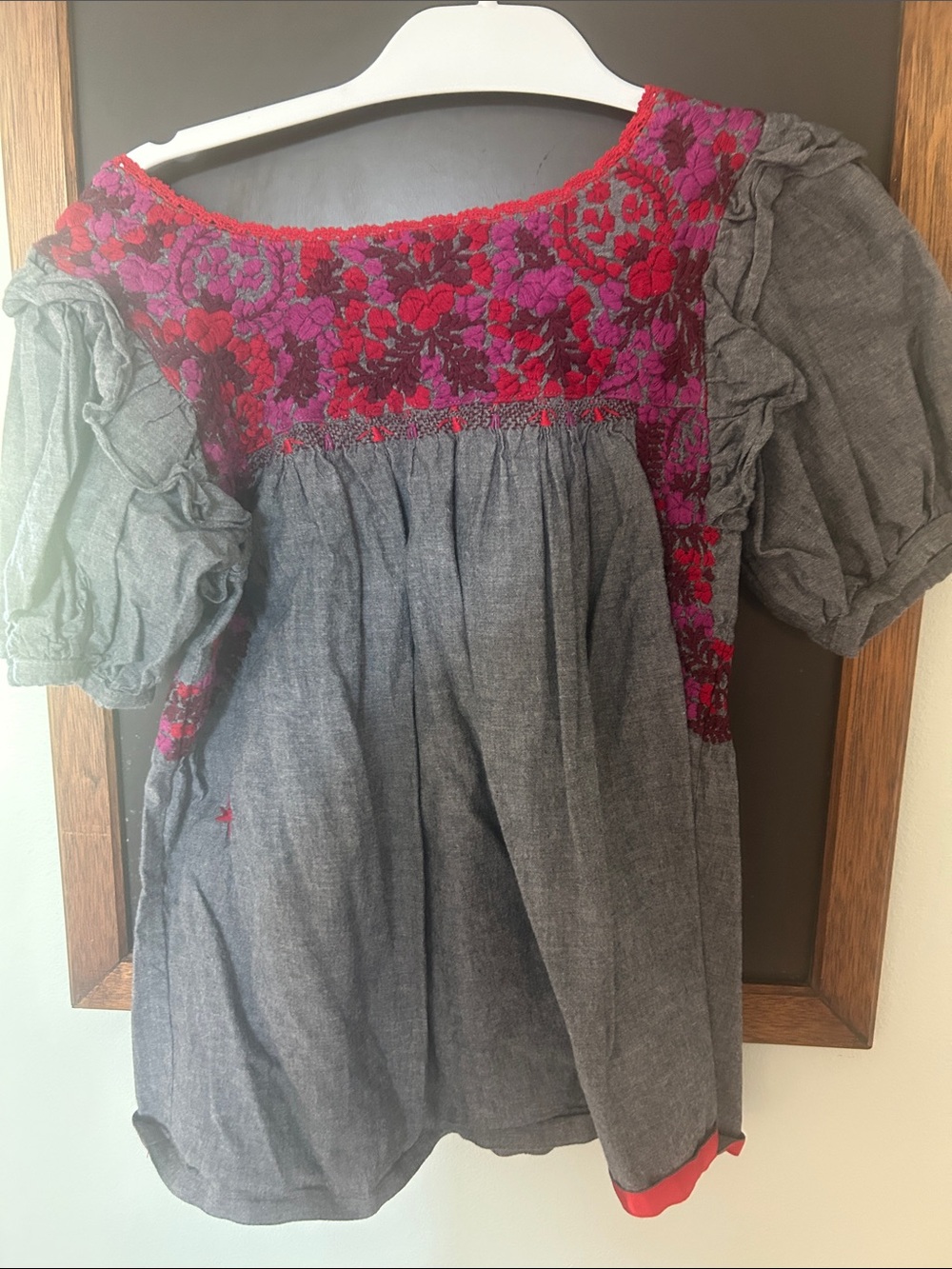 Mi Golondrina Chambray Blouse with Pink & Red Floral Embroidery